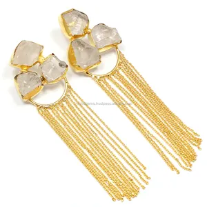 Pendientes de Aro de Aleación con 3 Piedras en Bruto, Diseño Clásico con Múltiples Borlas, Estilo Vintage para Regalo de Boda y Compromiso - Product Image 1