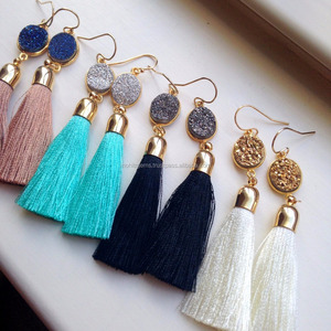 Handmade Mohit Nickel Free Titanium Coated Multi-Color Agate Druzy Thread <b>Tassel</b> Hoop <b>Earrings</b> Women's Wedding Party Engagement - Product Image 1