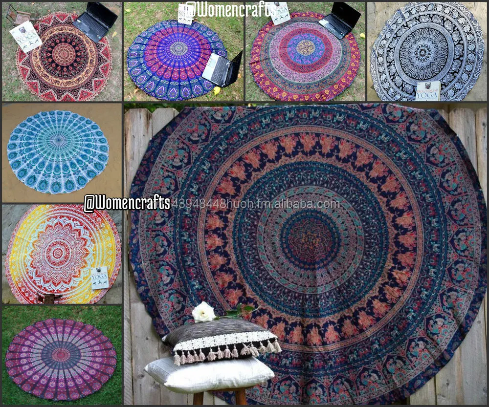 Round Mandala Beach Throw Wall Tapestry Printed 100% Cotton Handmade throw Mediterranean Style Kitchen Round Table Cloth