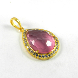 Colgante de amatista Rosa CZ, colgante de diseñador de piedras preciosas, joyería chapada en oro de 18k, IG2909 - Product Image 1
