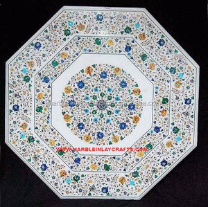 Table basse octogonale moderne en marbre blanc avec incrustations, surface brillante et durable, pour la maison, le bureau ou l'hôtel - Product Image 1