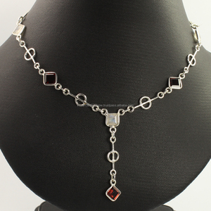 ¡De moda Collar de plata de ley 925 Natural de la piedra lunar del arco iris y piedras preciosas de granate! Fabricante - Product Image 2