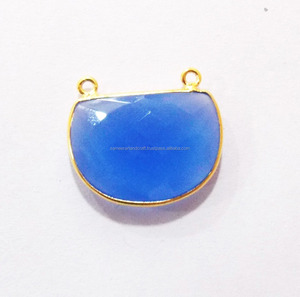 925 argent Sterling Double caution demi-forme connecteur fait à la main lunette à facettes bleu calcédoine pierre précieuse plaqué or laiton matériel - Product Image 1