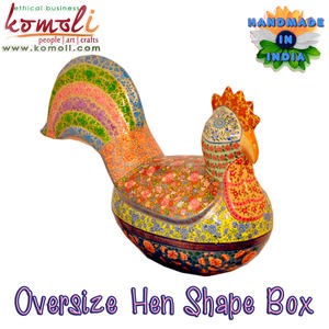 Colorful floral hand painted papier mache rooster figurine decorative <b>box</b>, handcrafted artisan cockerel showpiece - Product Image 2