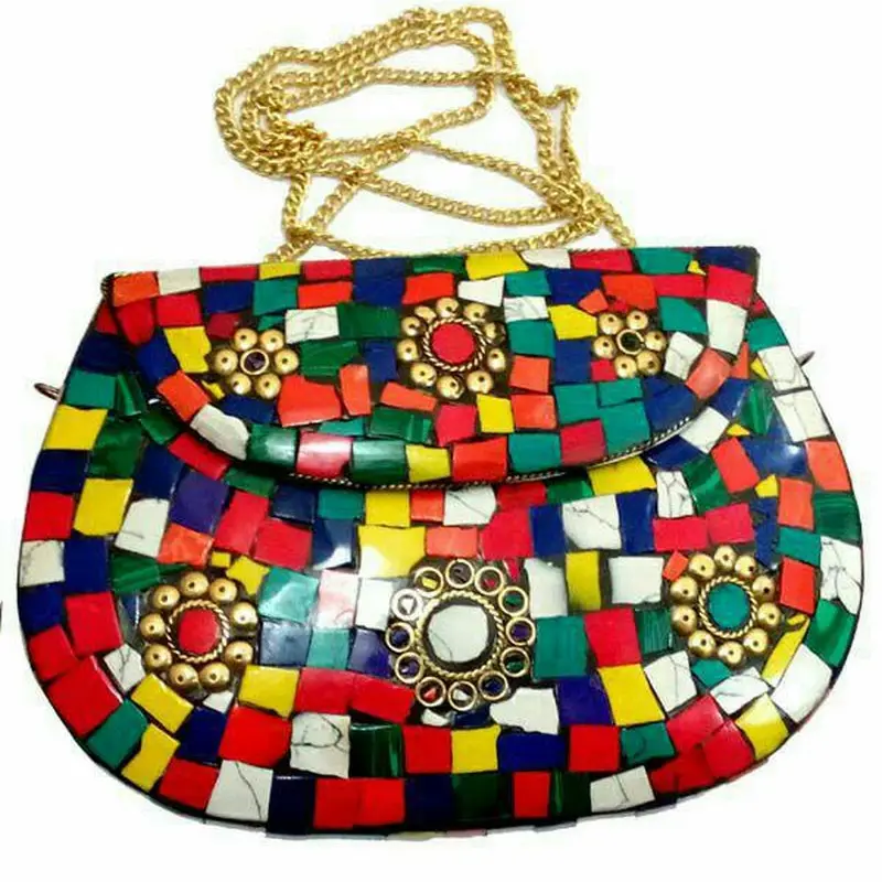 Hand Carving clutches Vintage Handmade Brass metal mosaic clutch box bag purse