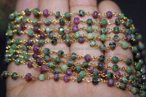 สร้อยประคำหินรูบี้โซไซต์ธรรมชาติทรงเหลี่ยม ขนาด 3.5 มม. ลวดทองเหลืองชุบทอง ประดับด้วยลูกปัดพลอย คอสซแคทล์ เอ็กซ์พอร์ต - Product Image 4