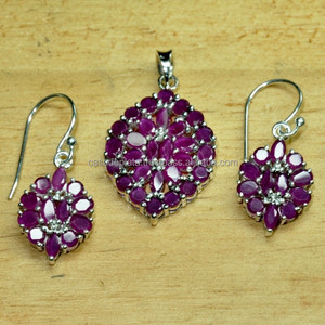 Conjunto de joyas de plata de ley 925 con piedras preciosas de rubí de varias formas, conjunto de moda Chapado en plata a la moda para aniversario de boda para mujer - Product Image 1