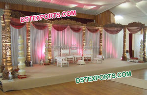 Elegante Escenario de Boda Tallado en Dorado, Juego de Escenario con Pilares Tallados en Fibra Jali, Pilares Dorados con Flores, Nuevo Diseño de Escenario - Product Image 5