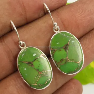 Damızlık Oval şekilli sevimli yeşil bakır turkuaz taşlar çarpıcı küpe 925 katı gümüş çerçeve seti mücevherat
