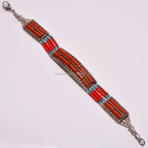 สร้อยข้อมือแฟชั่นปะการังเทอร์ควอยซ์ธรรมชาติ,สร้อยข้อมือโบราณของเนปาลเงินทิเบตเครื่องประดับวินเทจ - Product Image 1