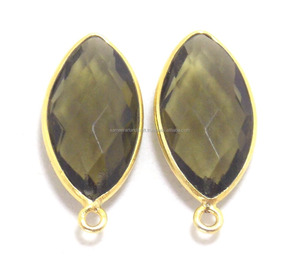 Piedra preciosa de cuarzo ahumado Vintage, hallazgos para hacer joyas, forma de marquesa chapada en oro, Conector de bisel hecho a mano facetado de una sola fianza - Product Image 1
