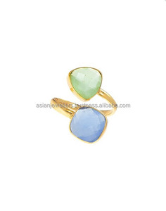 925เงินสเตอร์ลิงดูสีเขียวและสีฟ้า Chalcedony พลอยปรับ Vermeil แหวนทอง - Product Image 1