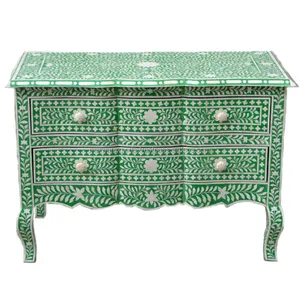 French Style Curved Leg Green Bone Inlay Chest of Drawer