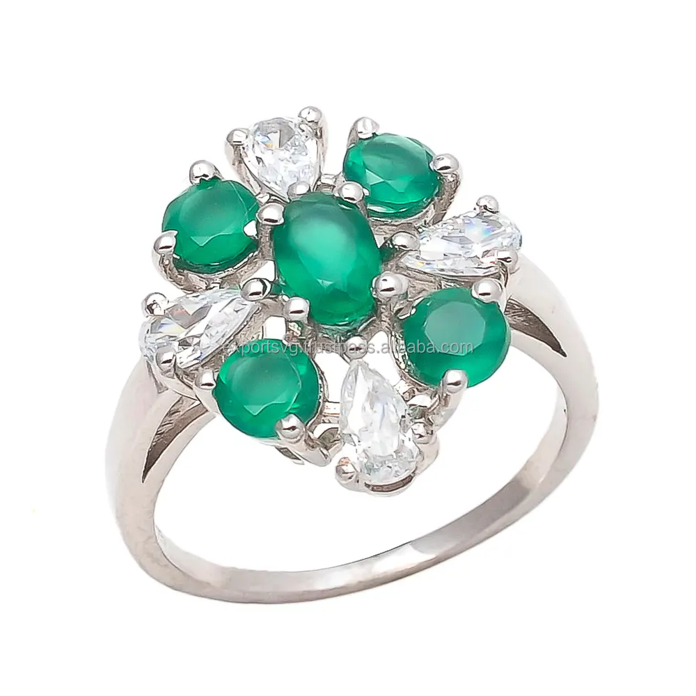 Elegant Green Onyx Zircon Gemstone Ring 925 Sterling Silver Fine Jewelry Wedding Anniversary Indian Rings