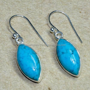 Boucles d'oreilles pendantes artisanales en argent sterling 925 avec pierre précieuse turquoise cabochon, style contemporain et tendance, cadeau de mariage - Product Image 2