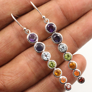Boucles d'oreilles multi-pierres naturelles style chakra en argent sterling 925 massif pur bijoux de haute qualité - Product Image 1