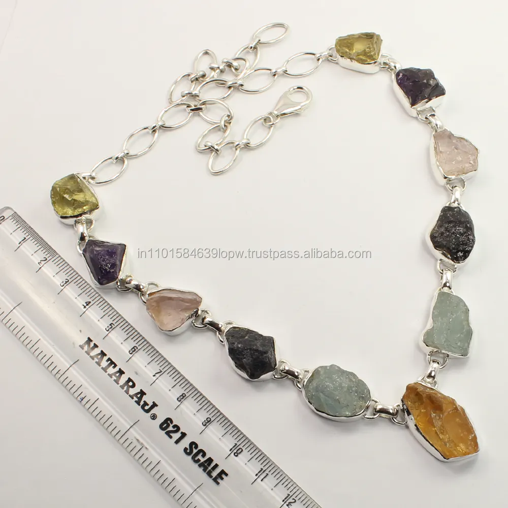 Natural MULTI-COLOR Rough Gemstones Fabulous Necklace 925 Solid Sterling Silver Manufacturer