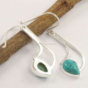 Unique nouvelle lunette religieuse à la mode réglage pur 925 argent Sterling massif Turquoise(S) poire pierres précieuses boucles d'oreilles bijoux fins - Product Image 2