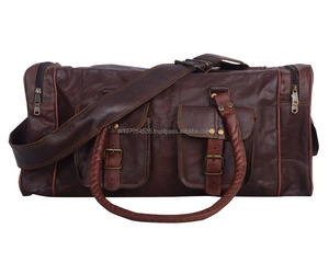 Bolso cilíndrico de gimnasio de lona marrón oscuro de cuero genuino 100% hecho a mano para hombres y mujeres bolso de fin de semana durante la noche bolso de hombro tipo bandolera - Product Image 2