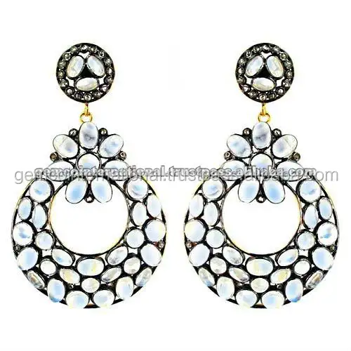 Diamond Earring 925 Silver Antique Design Indian Jewelry Gemstone Royal Blue Moon Stone Earring Jewelry