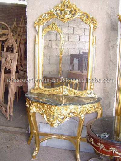 Antique Gold French Style Mirrored Dressing Table with Marble Top  Luxury  Solid Wood Console for Living Room Furniture