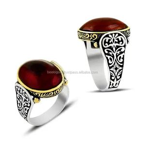 925 Sterling Silver Amber Men Ring Carved Turkish Men Ring Handmade Trendy Fashion Jewellery Custom Ring Collection