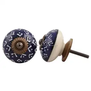 Wholesale Ceramic Drawer Knobs Navy Blue Cabinet Knobs and Pulls Floral Pattern Etched Knobs in Bulk Ck-118