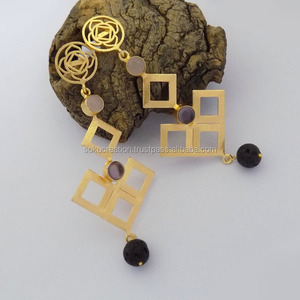 Boucles d'oreilles en laiton Chakra Multi Gemstone Classic Gold-Plated Vermeil Long Fashion Jewelry for Weddings and Parties - Product Image 1