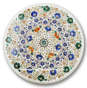 <b>White</b> <b>Round</b> Marble Pietra Dura <b>Table</b> Top - Product Image 1