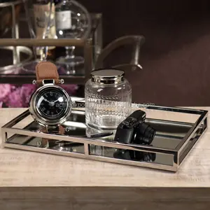 Plateau de service en métal luxueux avec miroir, ajoute une touche élégante et durable, décoration pour la vanité, le bar, les essentiels pour l'accueil à domicile - Product Image 1