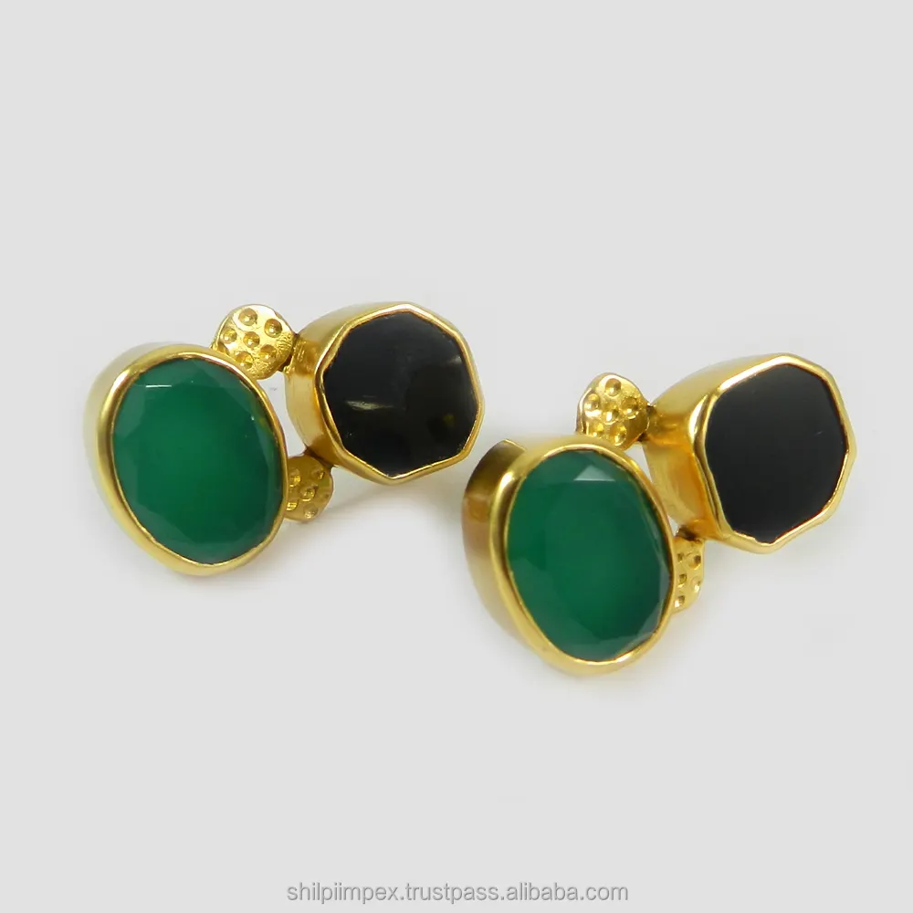 Natural black onyx & green onyx gemstone gold plated designer bezel set stud earring