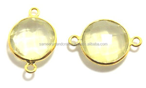 Lemon Quartz Gemstone Pendentif 10mm Forme Facette Double Bail Connecteur À La Main En Argent Sterling Plaqué Or Jaune Bijoux - Product Image 2