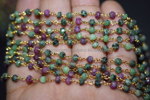 สร้อยประคำหินรูบี้โซไซต์ธรรมชาติทรงเหลี่ยม ขนาด 3.5 มม. ลวดทองเหลืองชุบทอง ประดับด้วยลูกปัดพลอย คอสซแคทล์ เอ็กซ์พอร์ต - Product Image 2