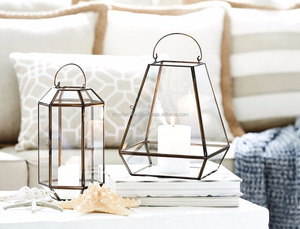 Geometric <b>Brass</b> Candle <b>Lantern</b> With Glass Panels Heat Resistant Home Decoration - Product Image 2