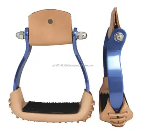 Aluminum Barrel Racing Stirrups Leather Tread with Stitched on Rubber Pad Blue Western Stirrups BY Riaz Jamal Intel