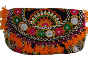 Bolso de mano con decoración de borlas tradicionales indias para mujer, bolso de gamuza bohemio, bordado, cierre de cremallera, lona directa de la India - Product Image 2