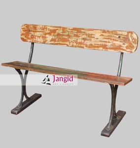 Banc de patio vintage en bois massif indien avec base en métal, pour salon, jardin, hôtel, banquette extérieure en métal 2 places - Product Image 3