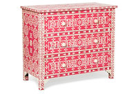 Coffre en bois artisanal traditionnel avec incrustation de os et motif rouge, 3 tiroirs, meuble de salon