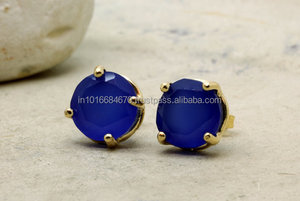 Pendientes de tuerca de Calcedonia azul de Plata de Ley 925 chapados en oro de moda para regalo de fiesta de compromiso - Product Image 1