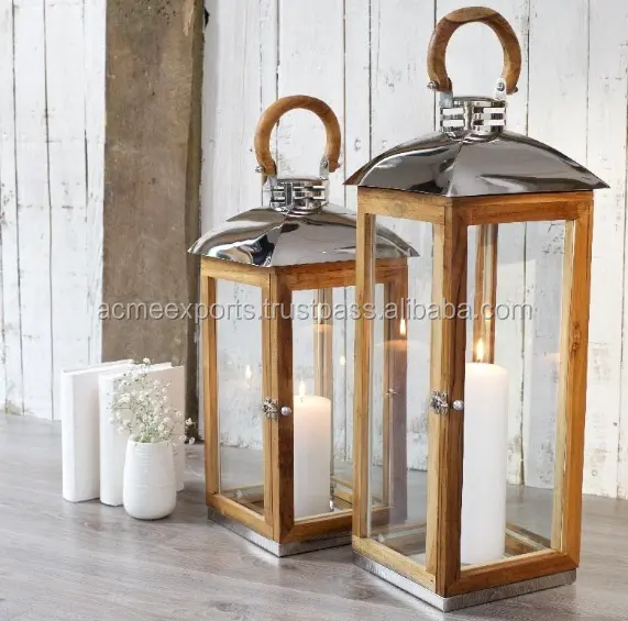 Decorative Lantern With Metal Top & Wooden Base