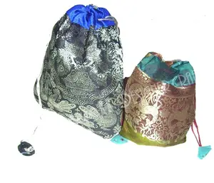 Silk border Brocade Jewelry Coin Candy Goodie Pouches with Copper Cash Double Layer Drawstring POUCH