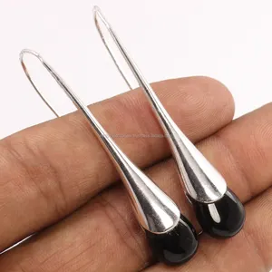 Tự Nhiên Màu Đen Onyx Đá Quý Lê Hình 925 Sterling Bạc <span class=keywords><strong>Handmade</strong></span> Wedding Bezel Đặt Dài Tai Dây Bông Tai - Product Image 1