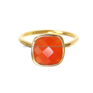 Bague gemme à facettes coussin cornaline orange naturelle 10x12mm en taille argent plaqué or lunette ensemble anneau pour cadeau de fête des pères bijoux - Product Image 1