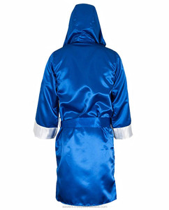 High Quality Blue White Trim Full-Length <b>Boxing</b> Robe with Hood Cotton and Satin Material for Training and MMA <b>Dummy</b> Type - Product Image 3