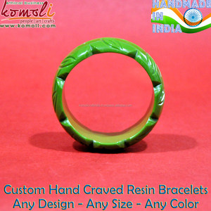 กำไลข้อมือเรซิ่นแกะสลักลายใบไม้สีเขียวสไตล์วินเทจ - Product Image 5