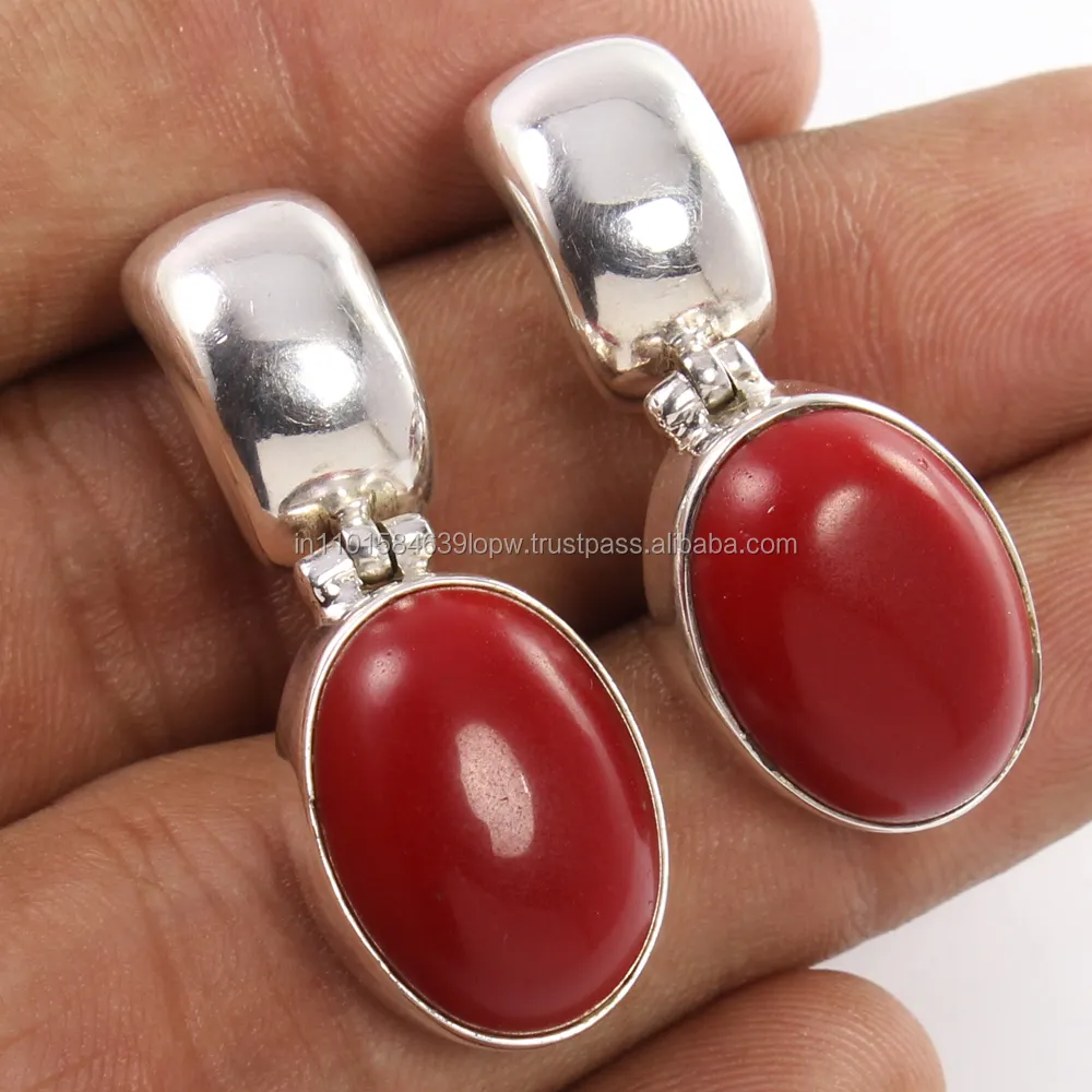 Best Seller realizzato a mano rosso corallo ovale Cabochon pietre 925 in argento Sterling gioielli orecchini a bottone regalo per lei