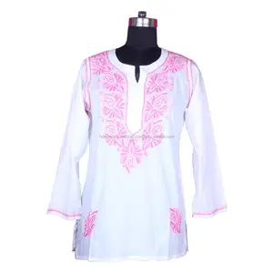 DR152 Indian Cotton Chicken Embroidered Women Tunic Dress Handmade Lucknowi Chicken White Kurti Cotton Chikankari shirt tunic