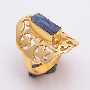 Anillo de latón con piedras preciosas naturales de cianita cruda, joyería de boda clásica hecha a mano para mujer, latón Real chapado en oro, especial para niñas - Product Image 1