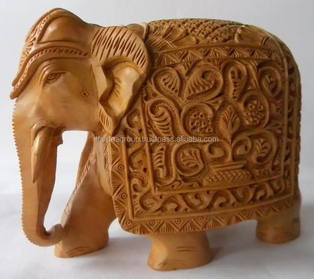 Lucky Wooden Elephant Statue Hand-Carved Floral Designs Collectible Figurine Brown Animal Sculpture as Gift & Decor