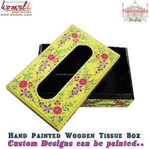 Soporte de caja de pañuelos de madera Rectangular Vintage pintado a mano con diseño de flores amarillas - Product Image 2